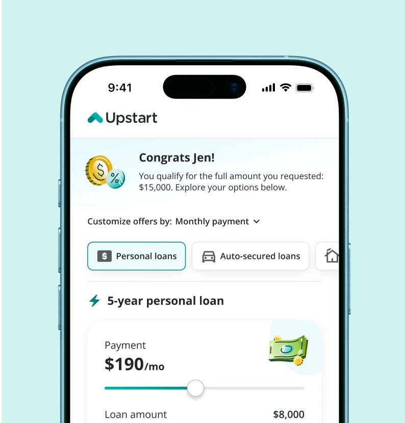 Upstart application screen showing loan options