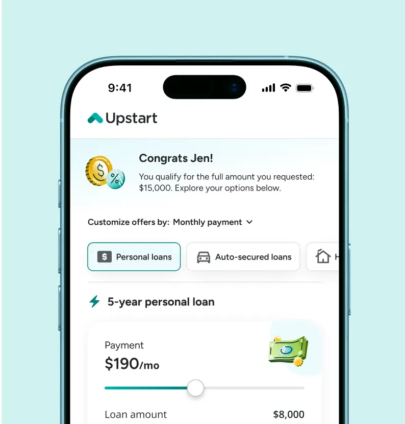 Upstart application screen showing loan options